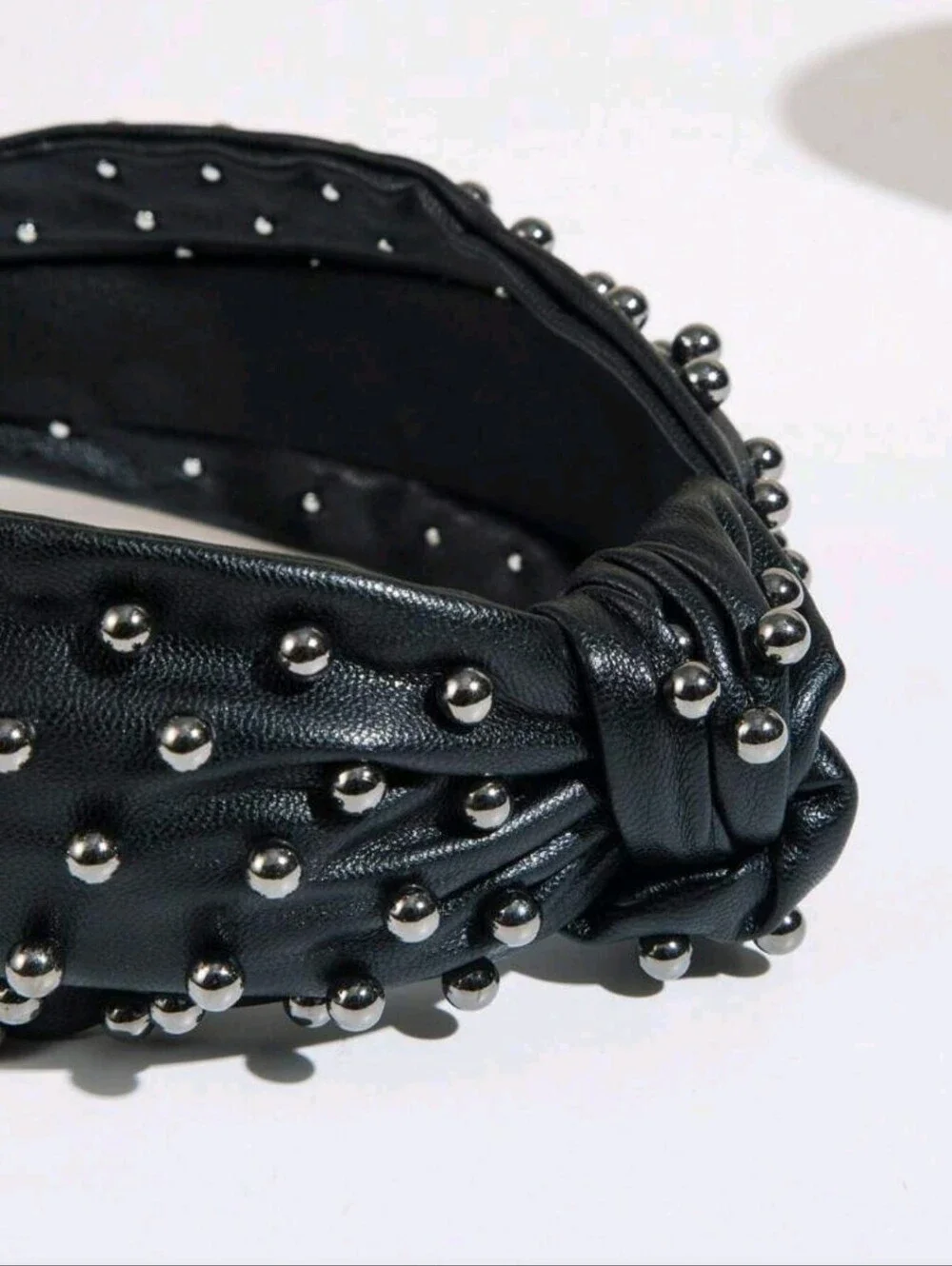 Gunmetal Faux Leather Polyurethane Beaded Top Knot Headband in Black